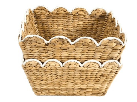 Refined Tapered Rectangular Scalloped Water Hyacinth Basket Set